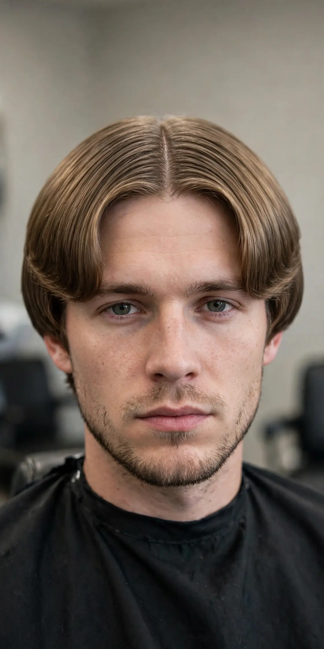 Mod middle part haircut for men with symmetrical center-parted fringe
