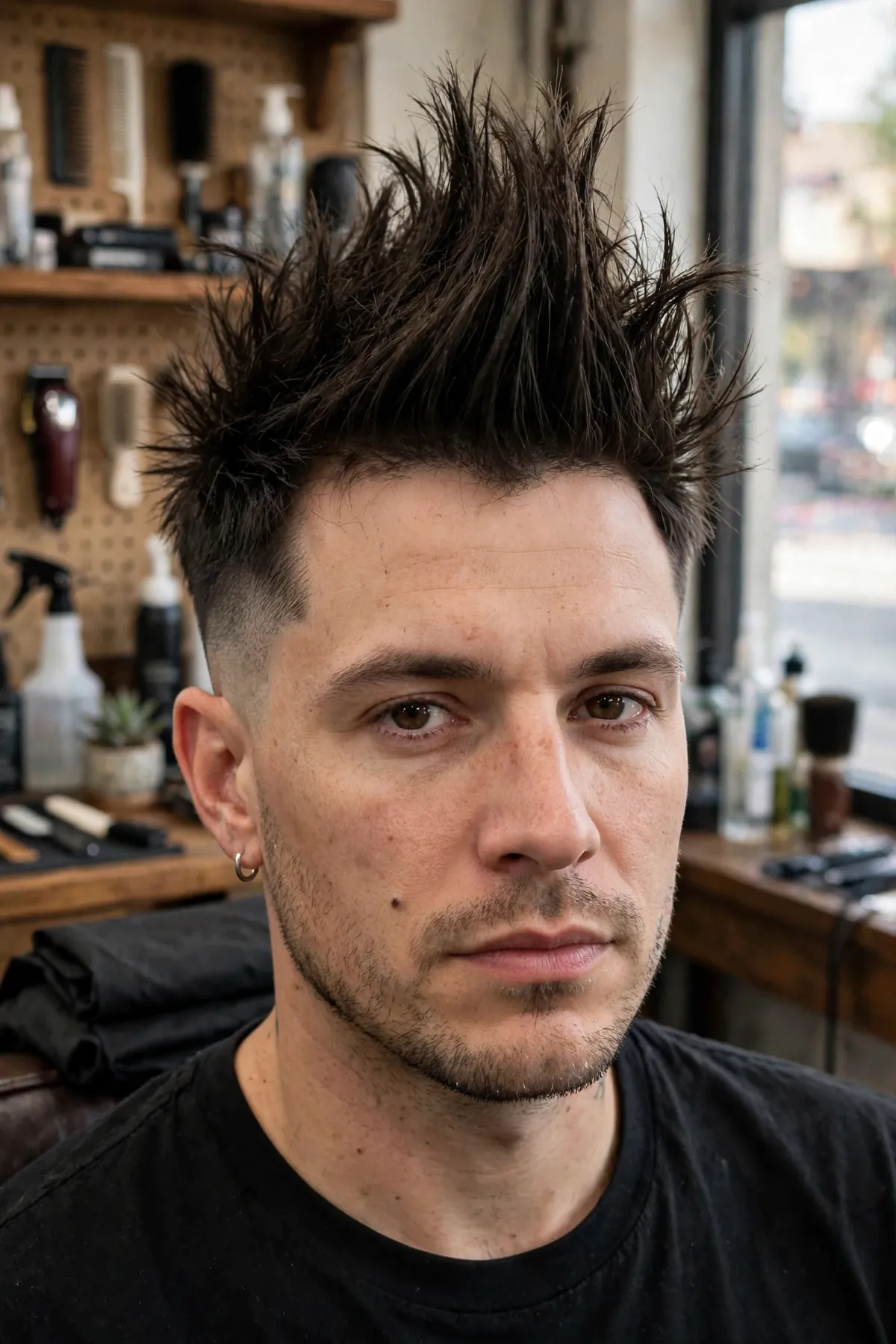 Rocker fohawk — tall messy piecey crest with aggressive high faded sides, rock-star look