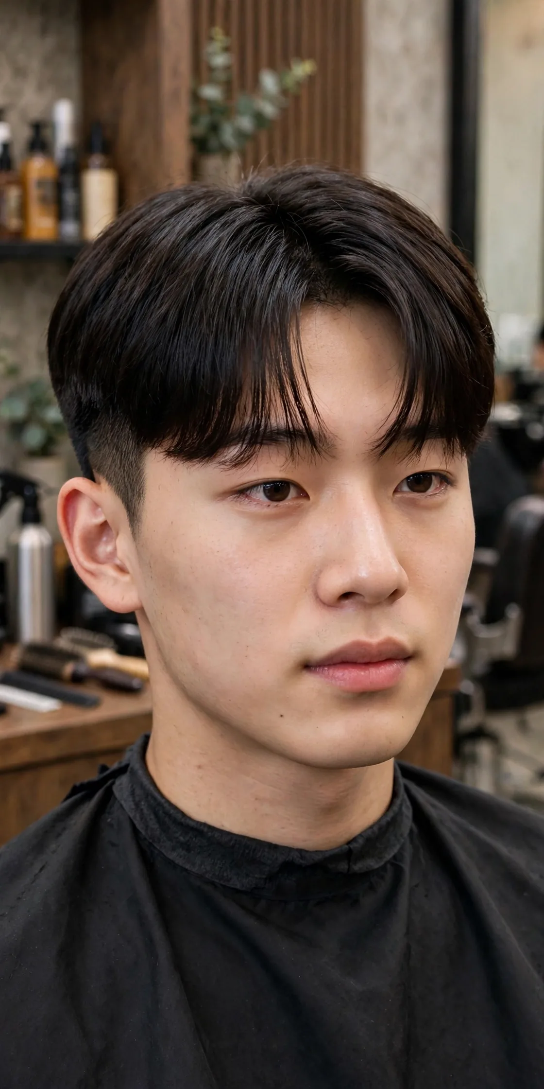 Classic two block haircut on a young man — medium-length top swept forward over neatly trimmed sides, a timeless Korean men's hairstyle
