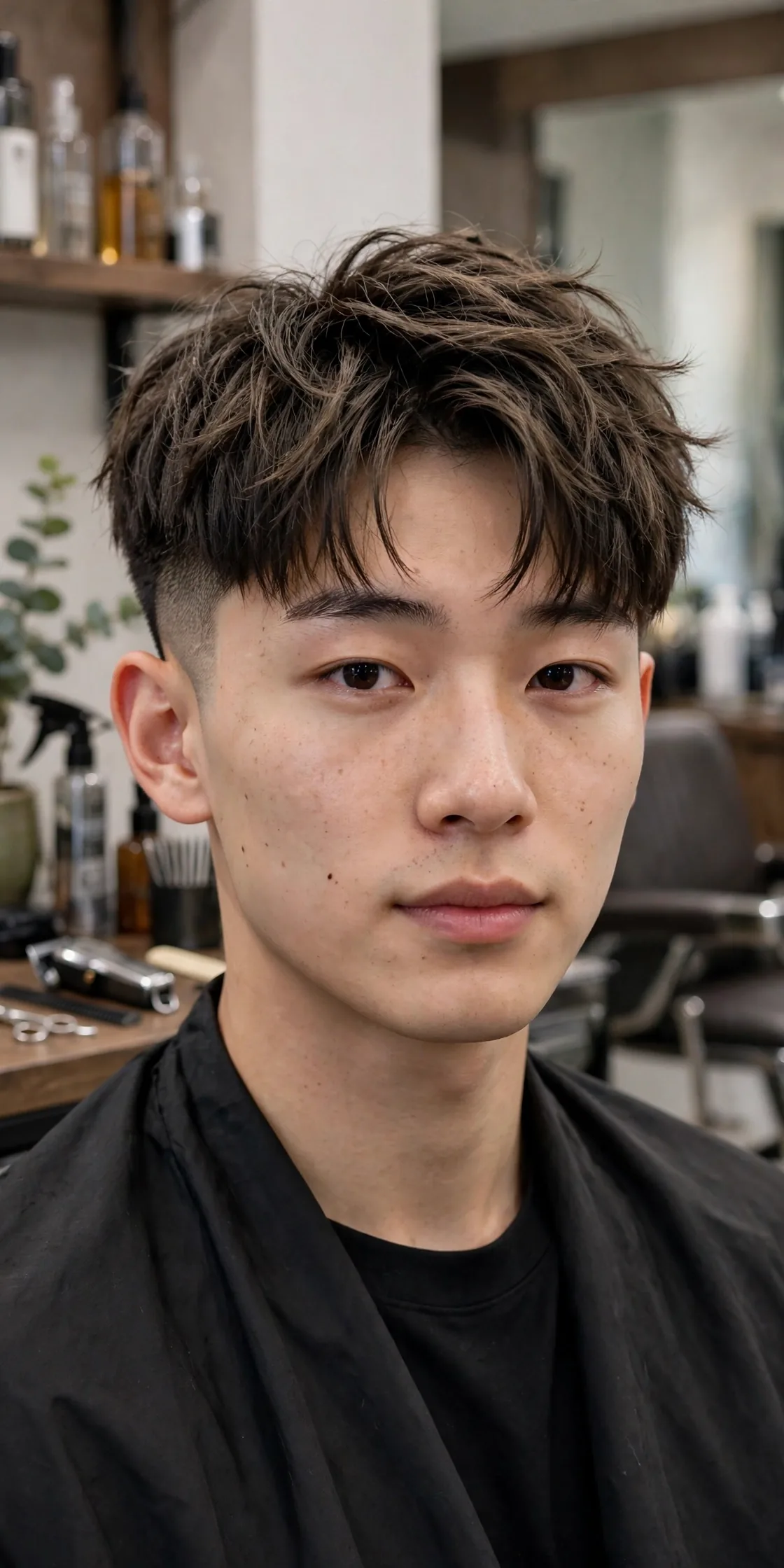 Textured two block haircut with choppy layers on top and short faded sides, a trendy two-block hairstyle for men