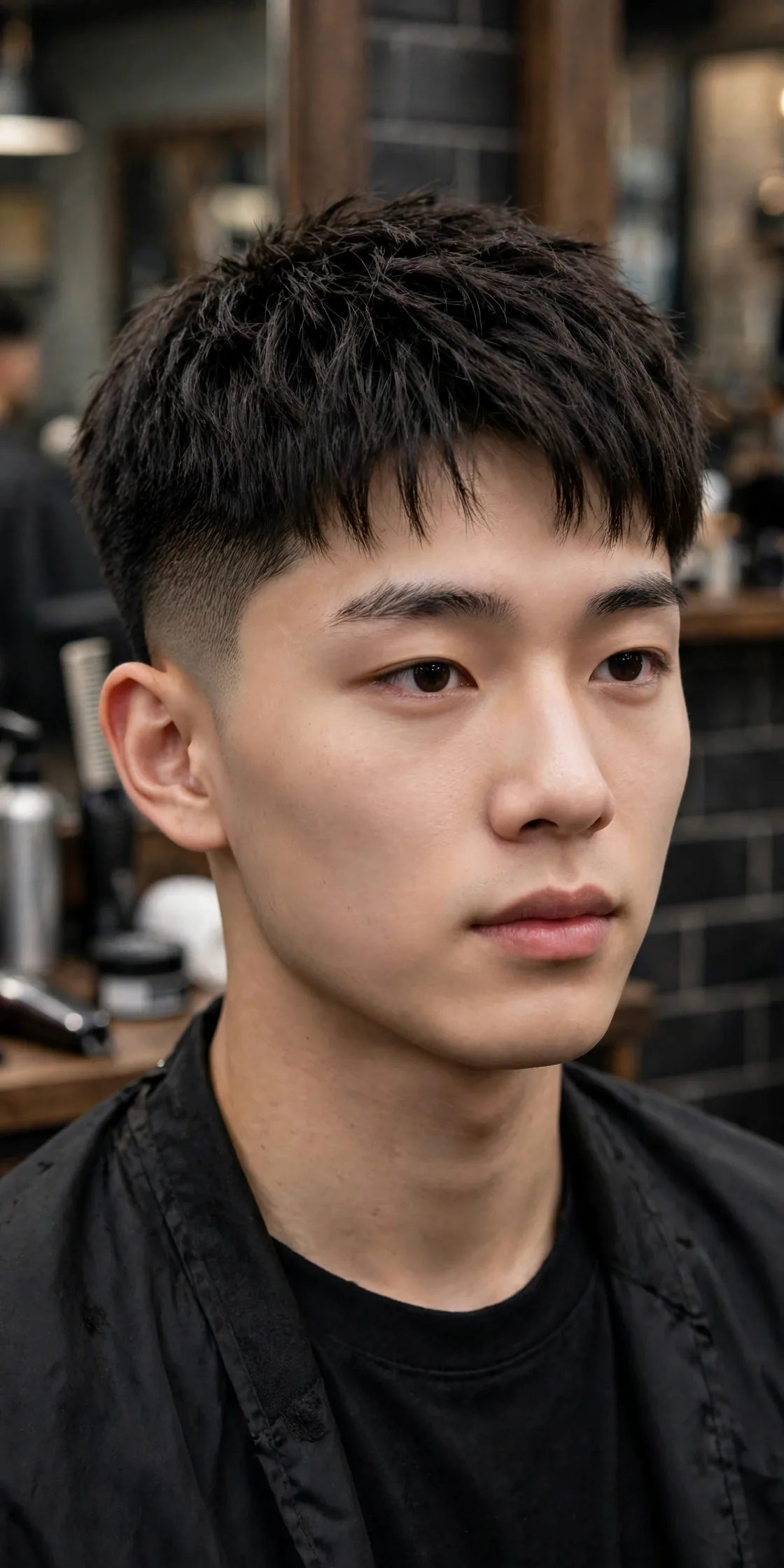Short two block haircut for men — cropped top with subtle texture over clean buzzed sides, a low-maintenance men's hairstyle
