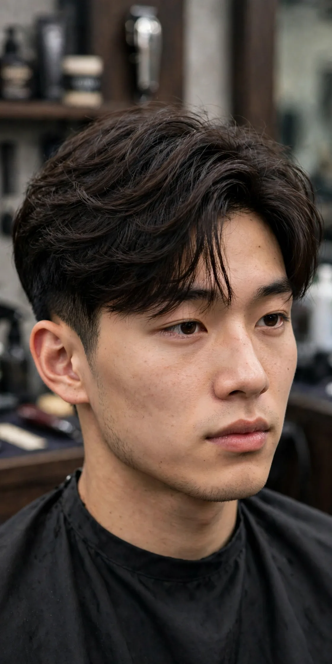 Medium two block haircut with layered texture — 4-inch top flowing over short sides, a versatile Korean haircut for men
