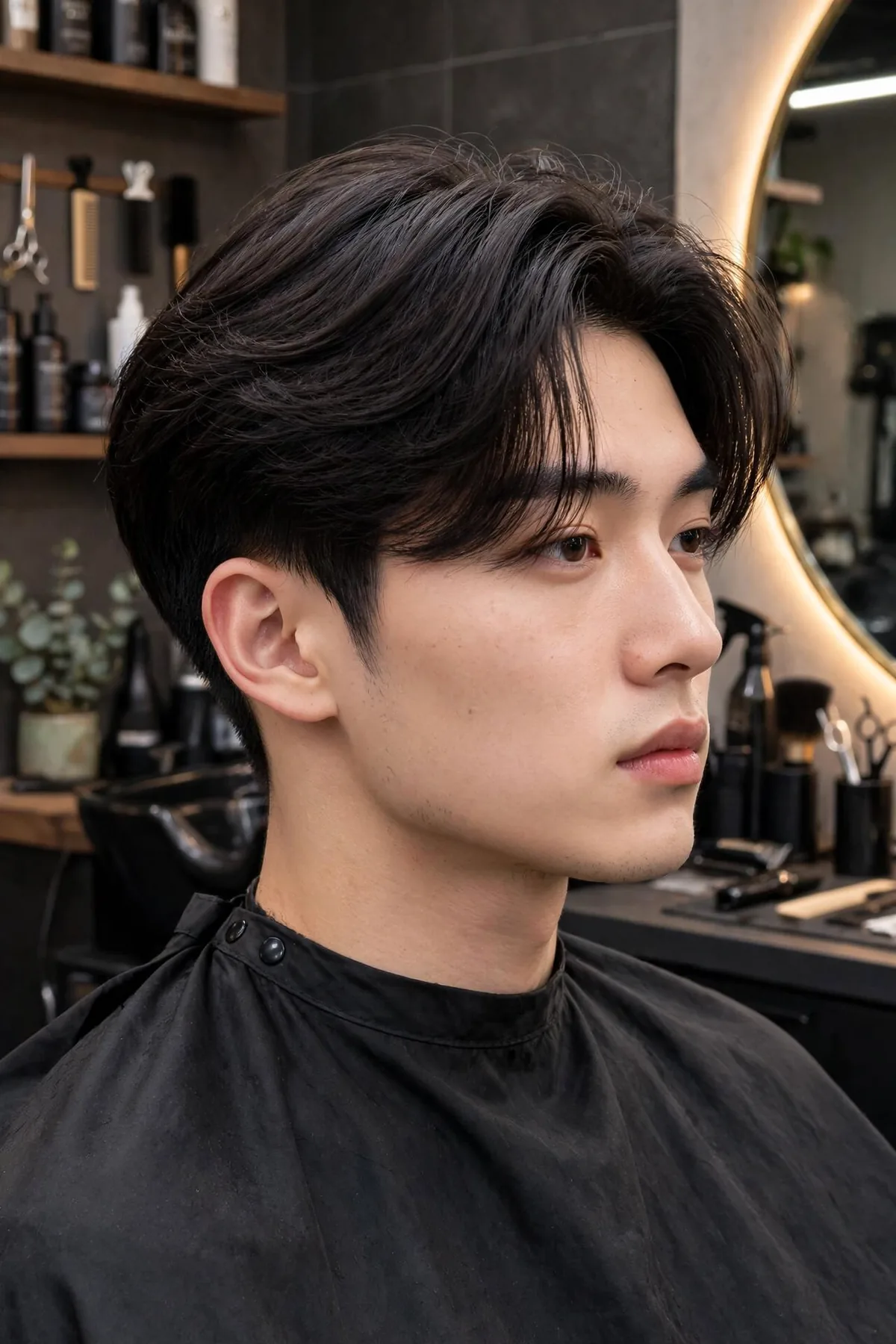 Long two block haircut with a flowing 5-inch top draped over closely cropped sides, a bold two-block hairstyle for men
