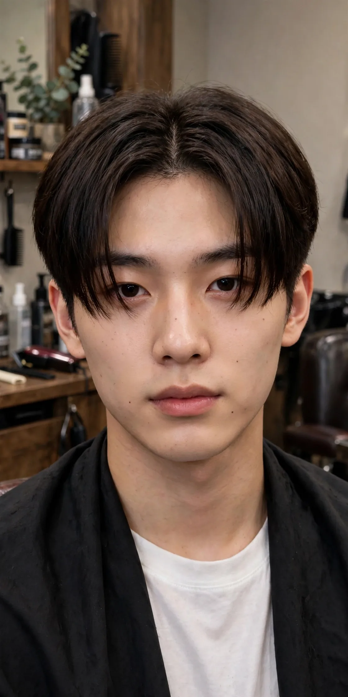Two block haircut with a middle part — center-parted top framing the face over short sides, a popular K-pop hairstyle for men