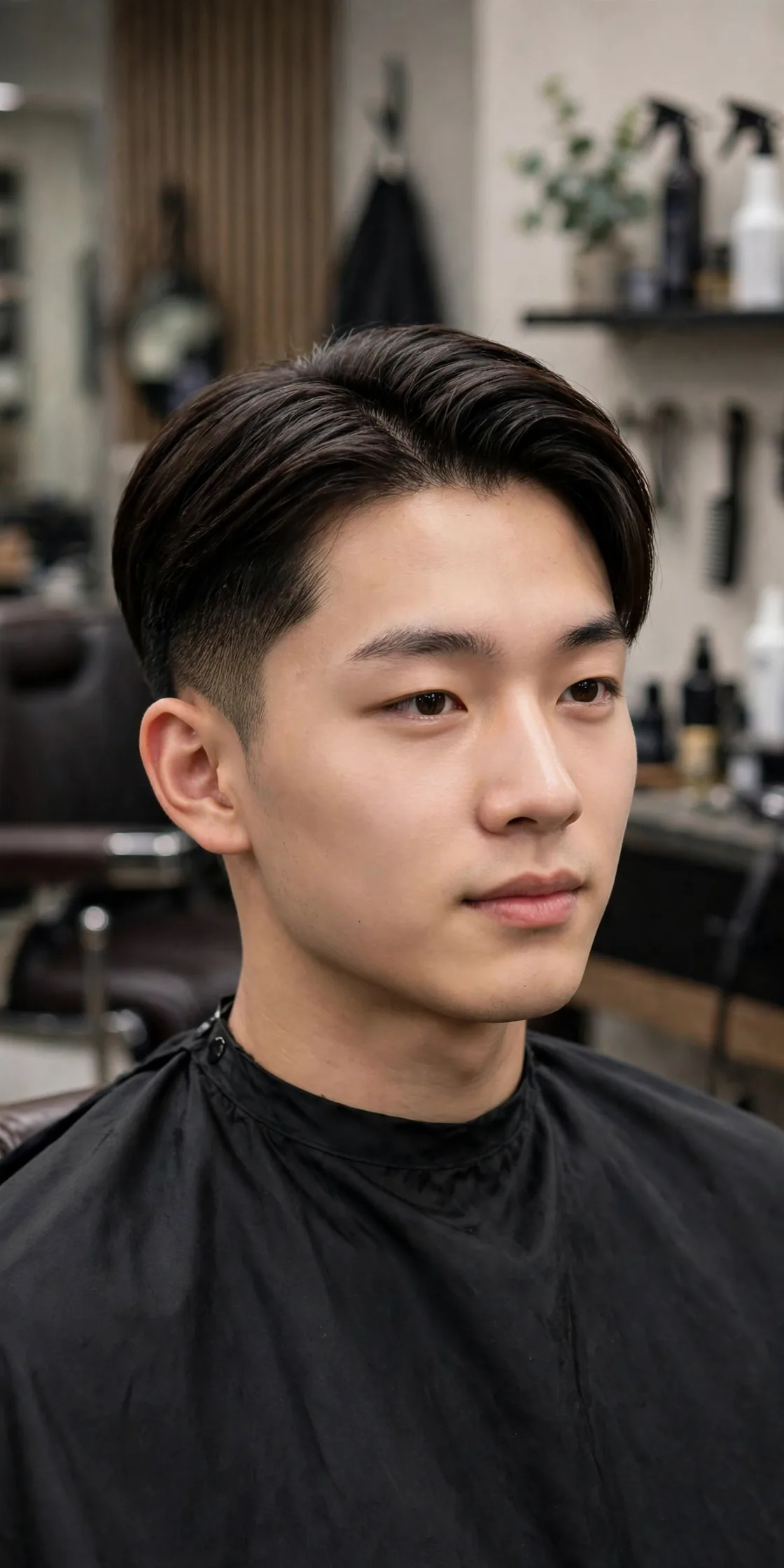 Two block haircut with a side part — top swept to one side over trimmed sides, a polished men's two block haircut