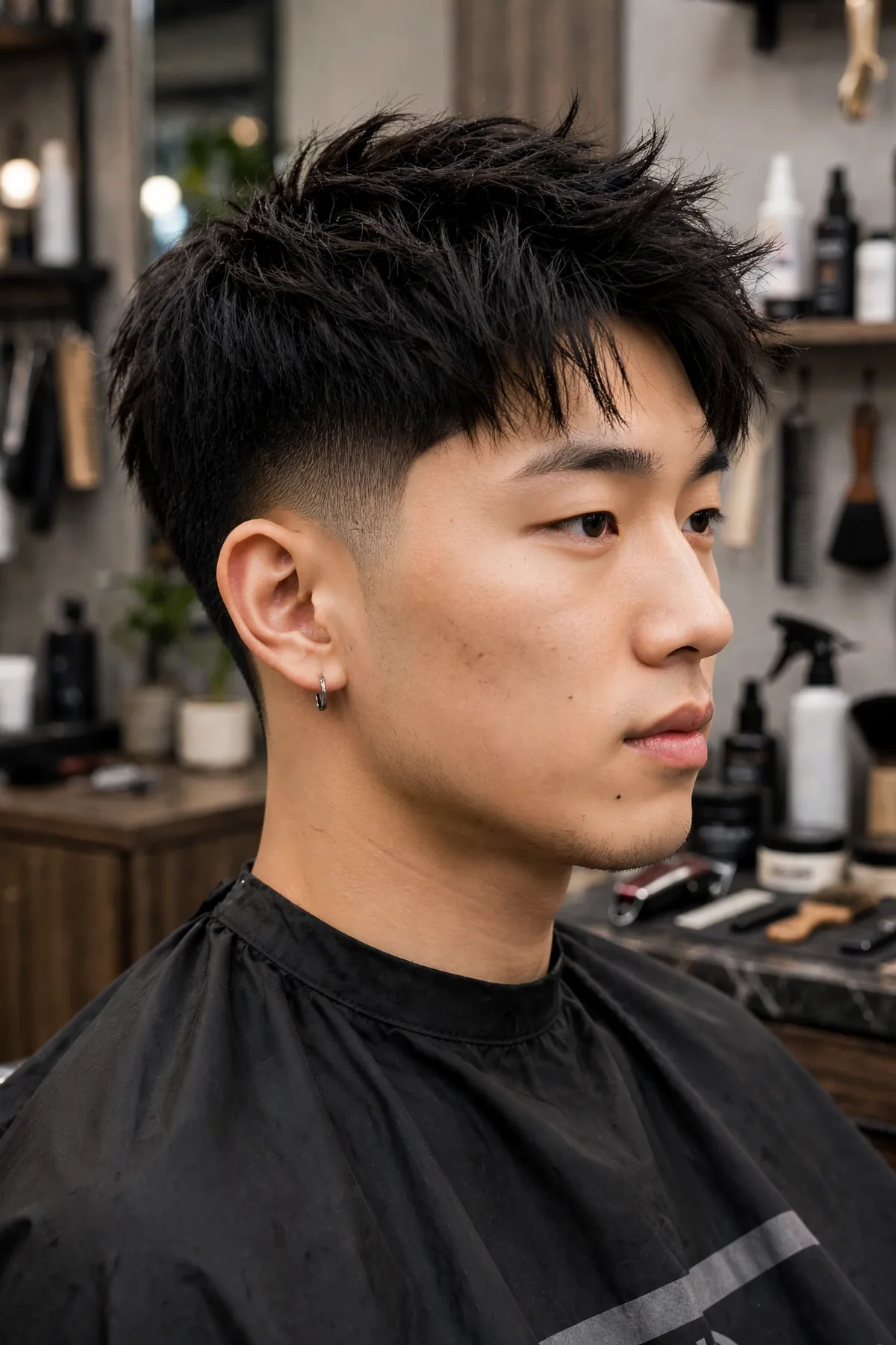 Messy two block haircut with a drop fade — tousled textured top over curved drop-faded sides, an edgy two-block hairstyle for men