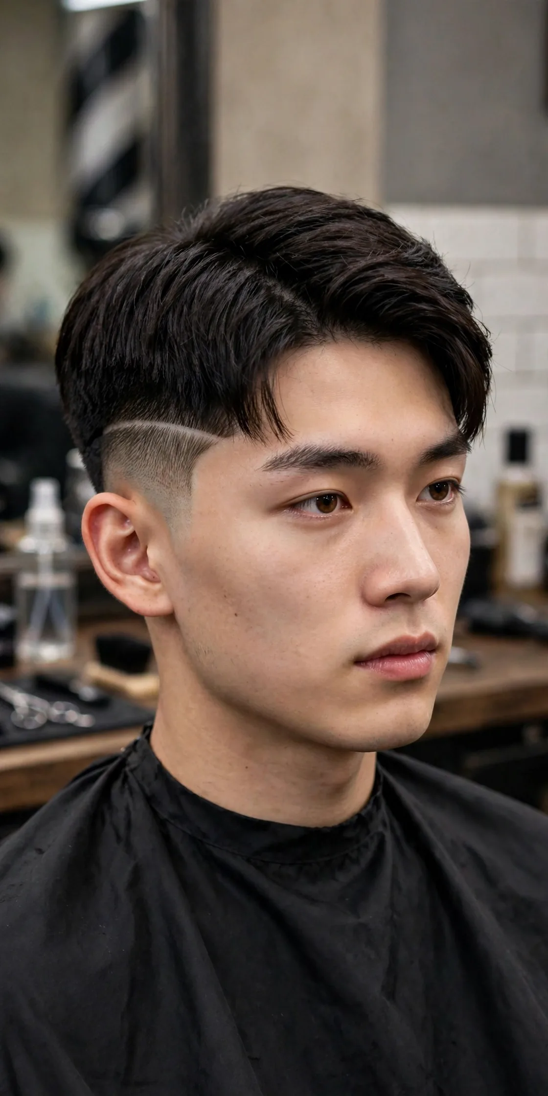 Two block haircut with a hard part — razor-sharp part line with a full top and short sides, a precise men's hairstyle
