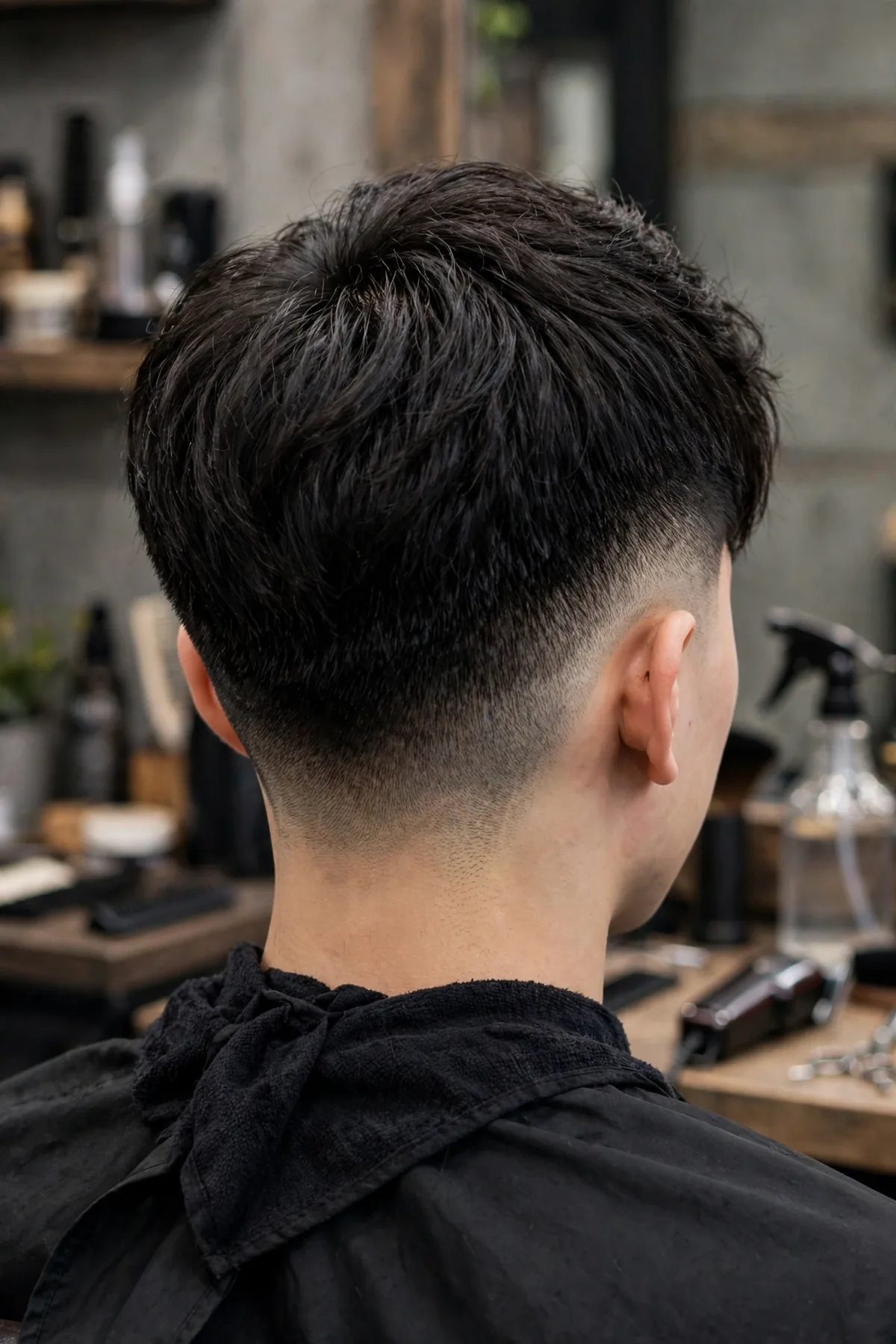 Two block haircut from behind — buzzed back and sides wrapping cleanly around the head beneath a full top, a neat men's two block haircut