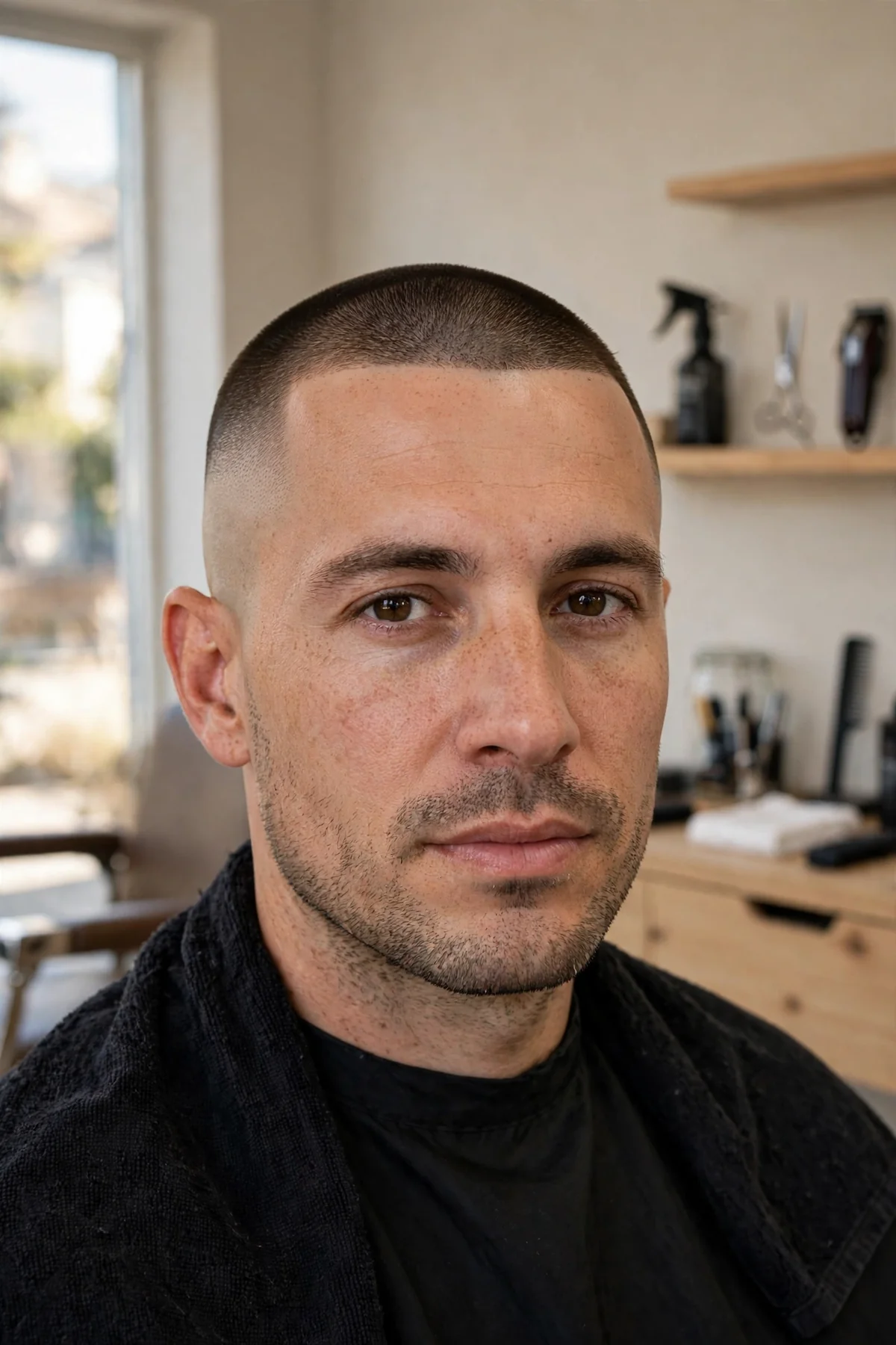 Buzz cut undercut haircut for men — short buzzed top slightly longer than shaved sides, minimal low-maintenance men's undercut
