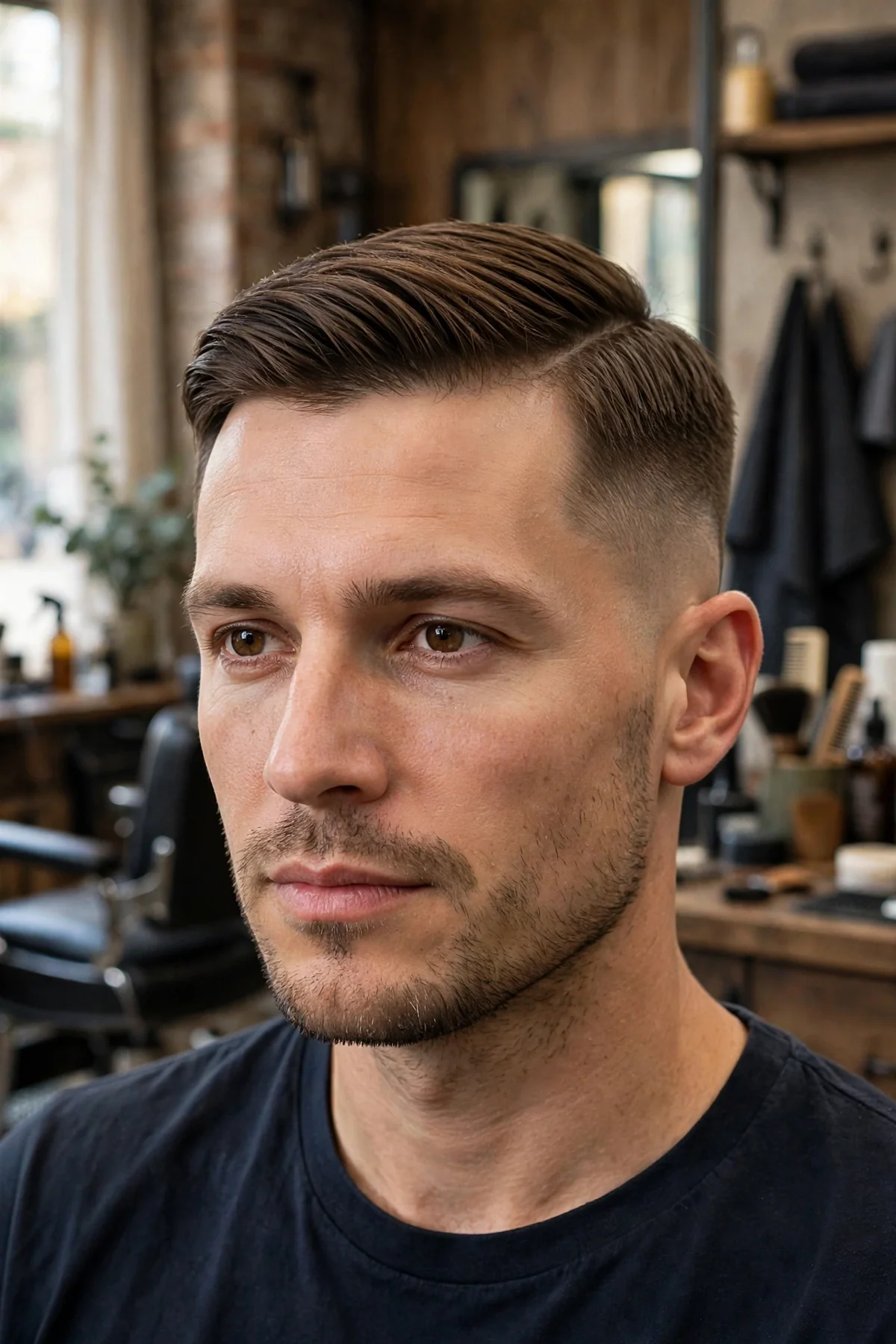 Classic undercut haircut for men — neat long top with natural side part and evenly clipped short sides, timeless men's undercut