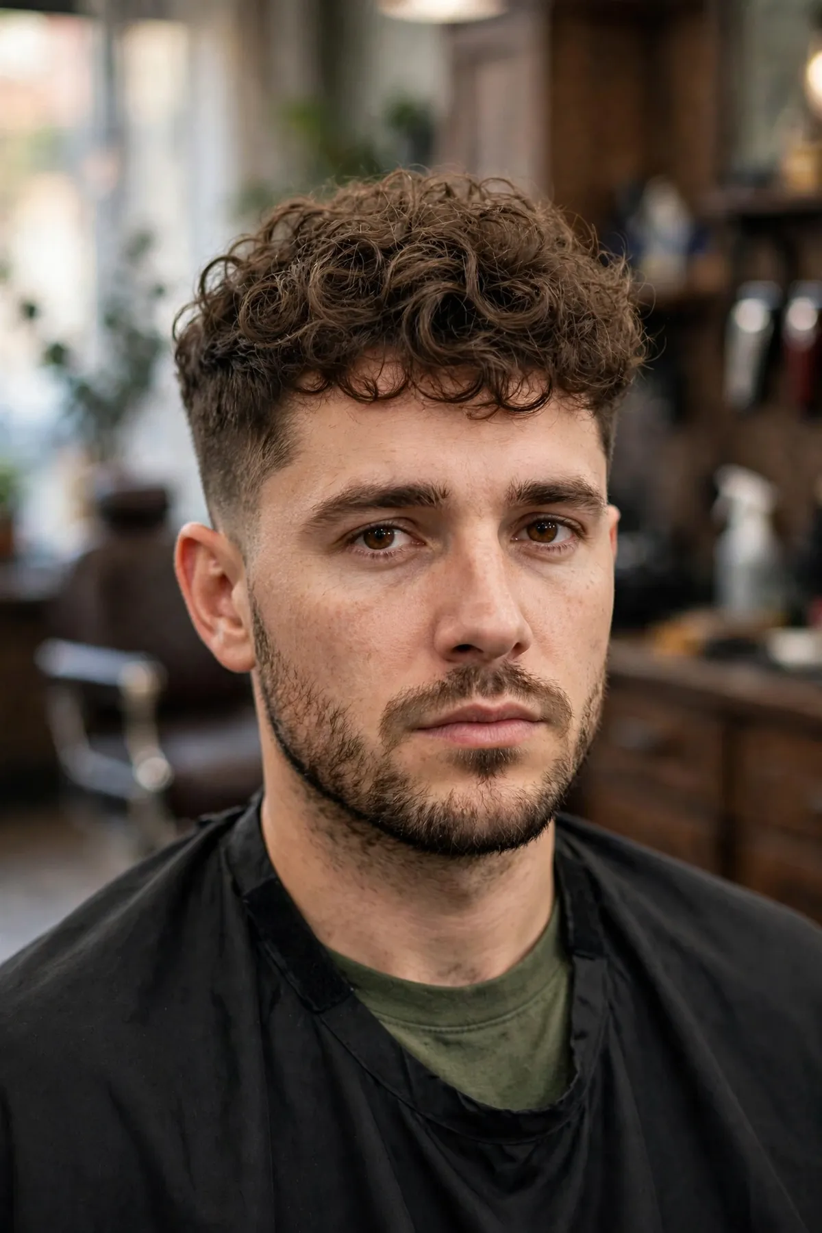Curly undercut haircut for men — natural curls with volume on top over short faded sides, flattering curly men's undercut hairstyle