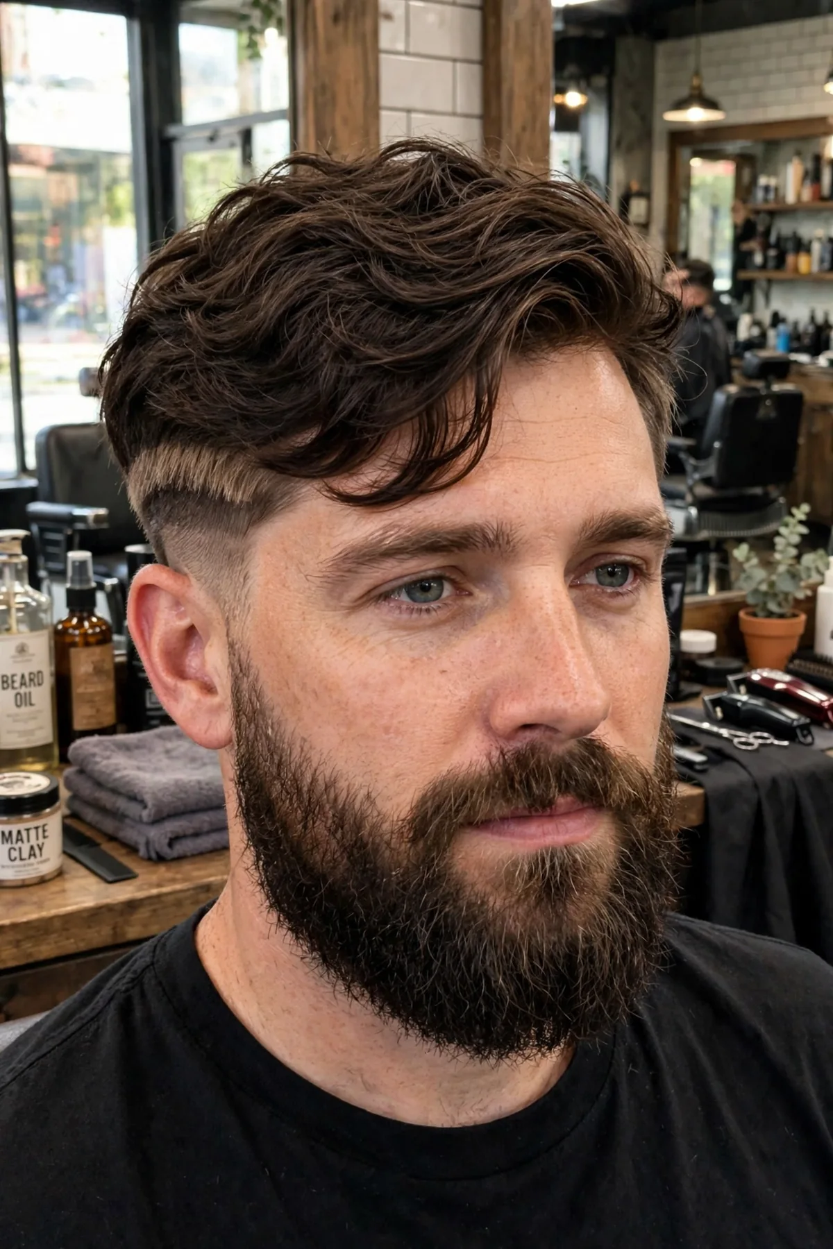 Double layer undercut haircut for men — two visible stacked layers of long top hair over short sides, dimensional men's undercut