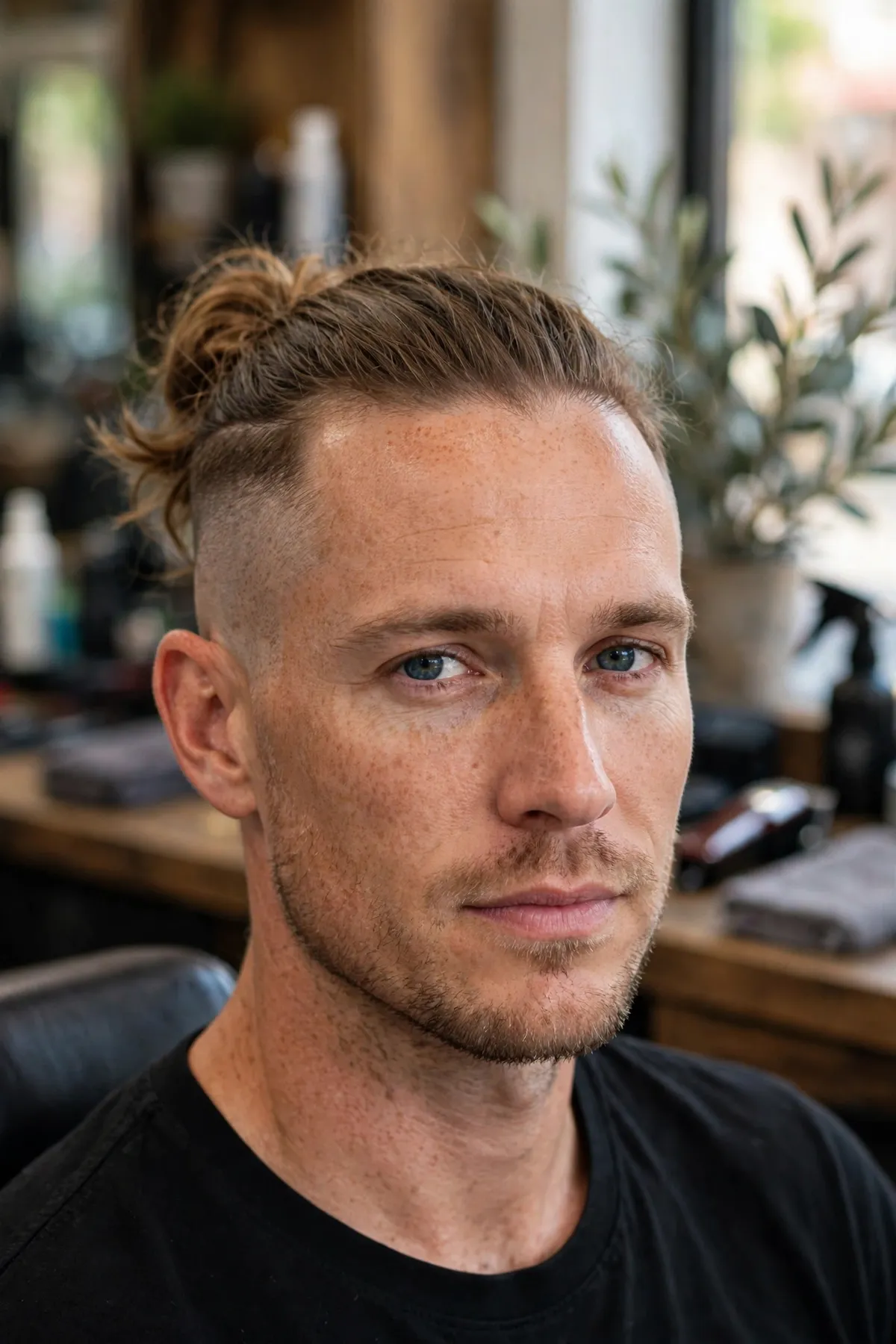 Man bun undercut haircut for men — long top tied into a full bun with shaved sides, masculine trendy men's undercut hairstyle