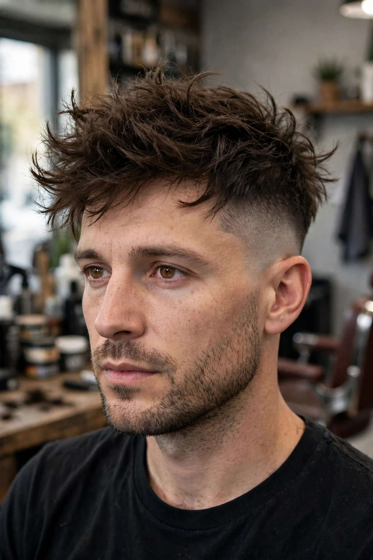 Messy undercut haircut for men — tousled carefree long top with matte finish over short sides, effortless men's undercut