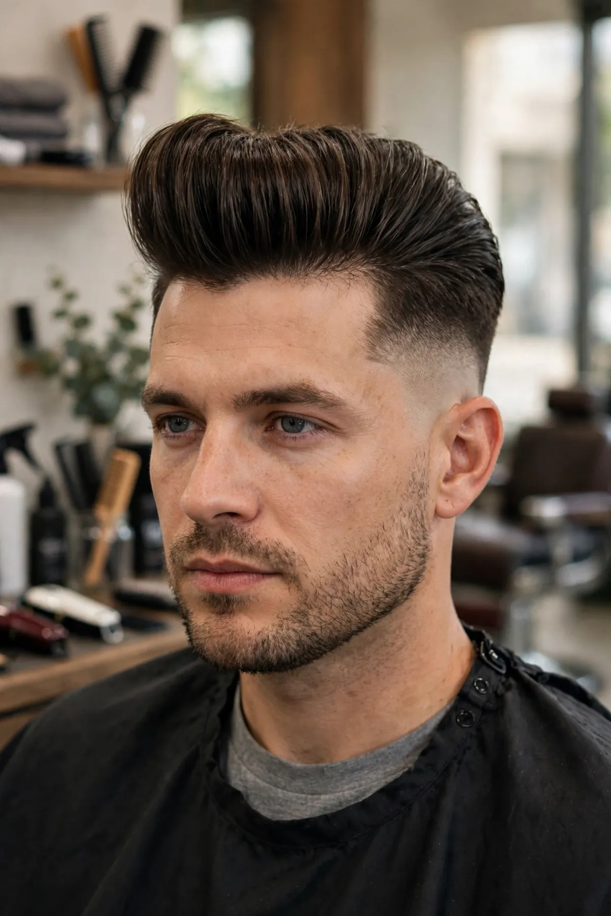 Pompadour undercut haircut for men — high voluminous pompadour with swept-back height over shaved sides, bold classic men's undercut
