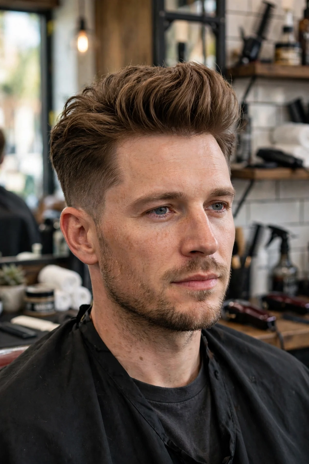Quiff undercut haircut for men — voluminous quiff swept up and back over short sides, stylish retro-modern men's undercut