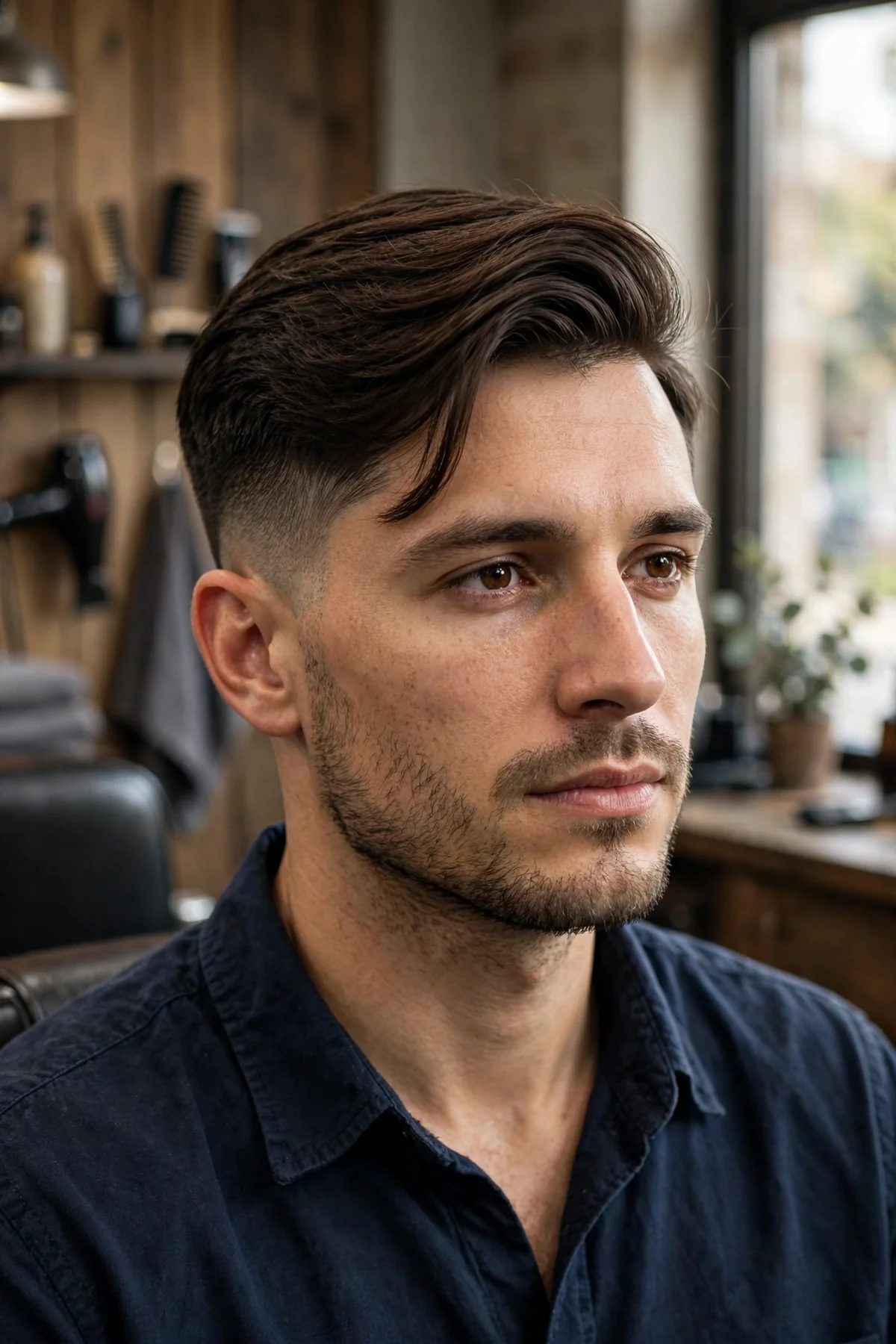 Side-swept undercut haircut for men — longer top swept across the forehead with volume over short disconnected sides