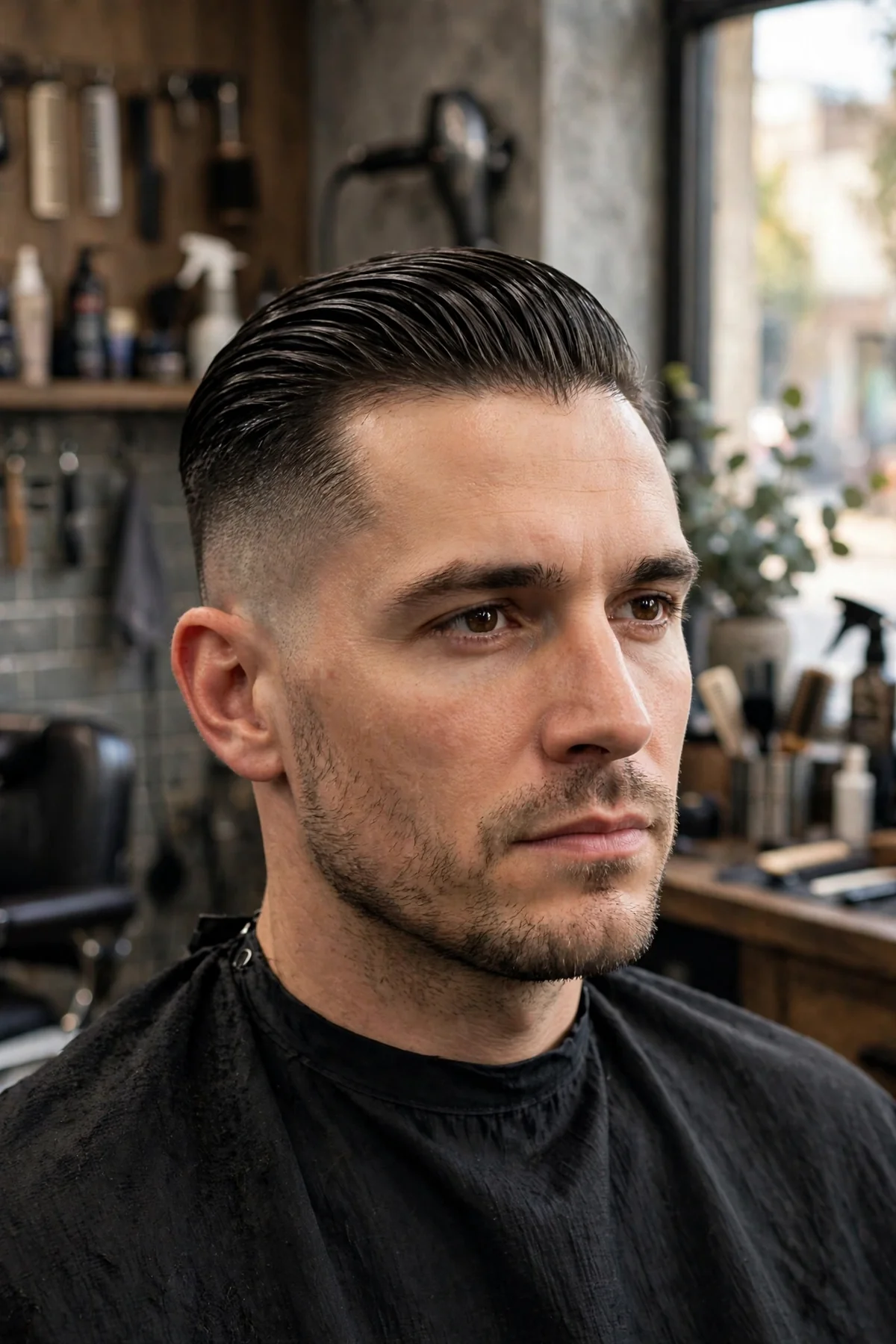 Slicked-back undercut haircut for men — long top combed straight back with shine over shaved sides, classic polished men's undercut style