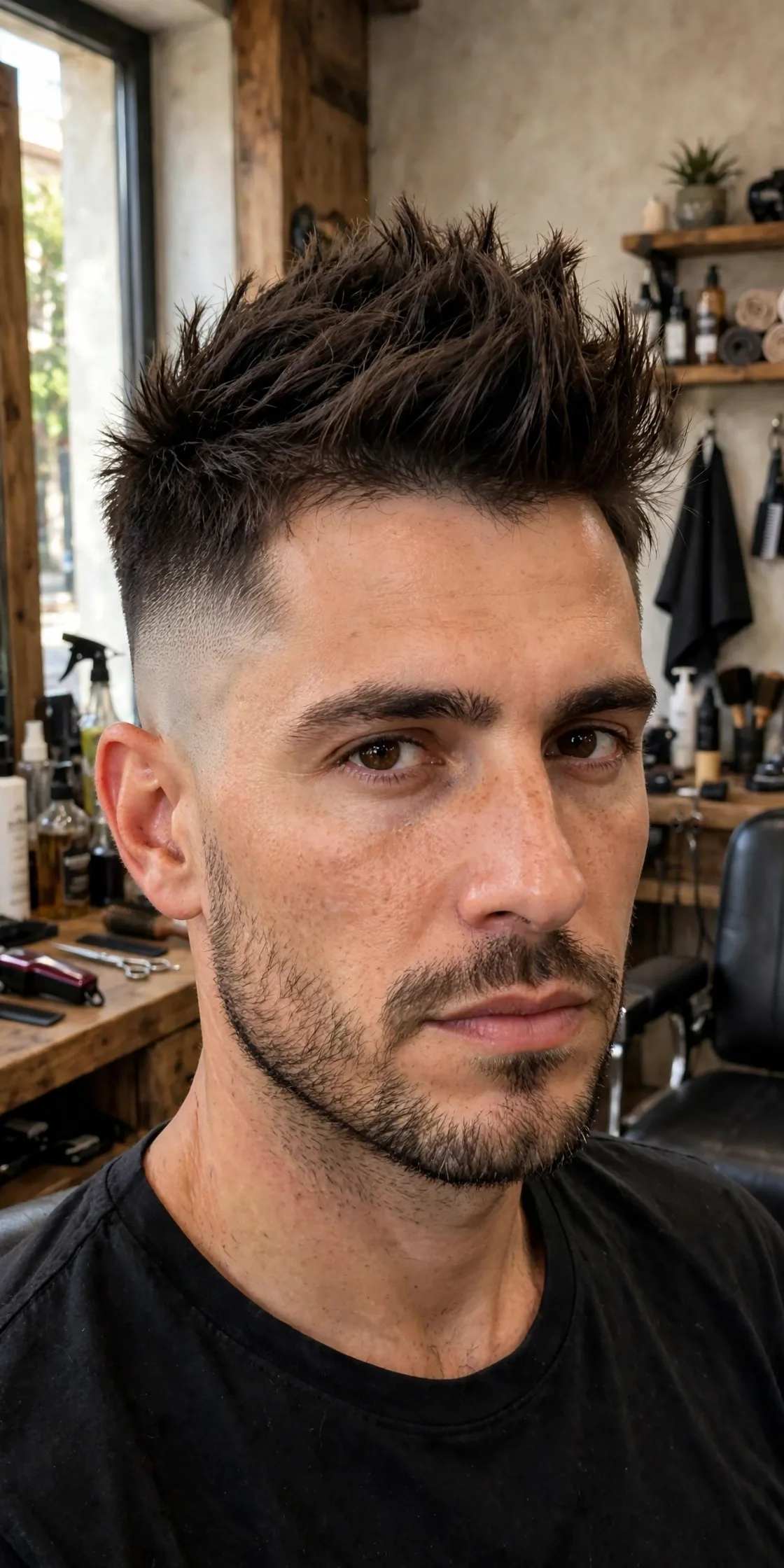 South of France undercut haircut for men — mohawk-style long top with burst fade sides, bold statement men's undercut haircut