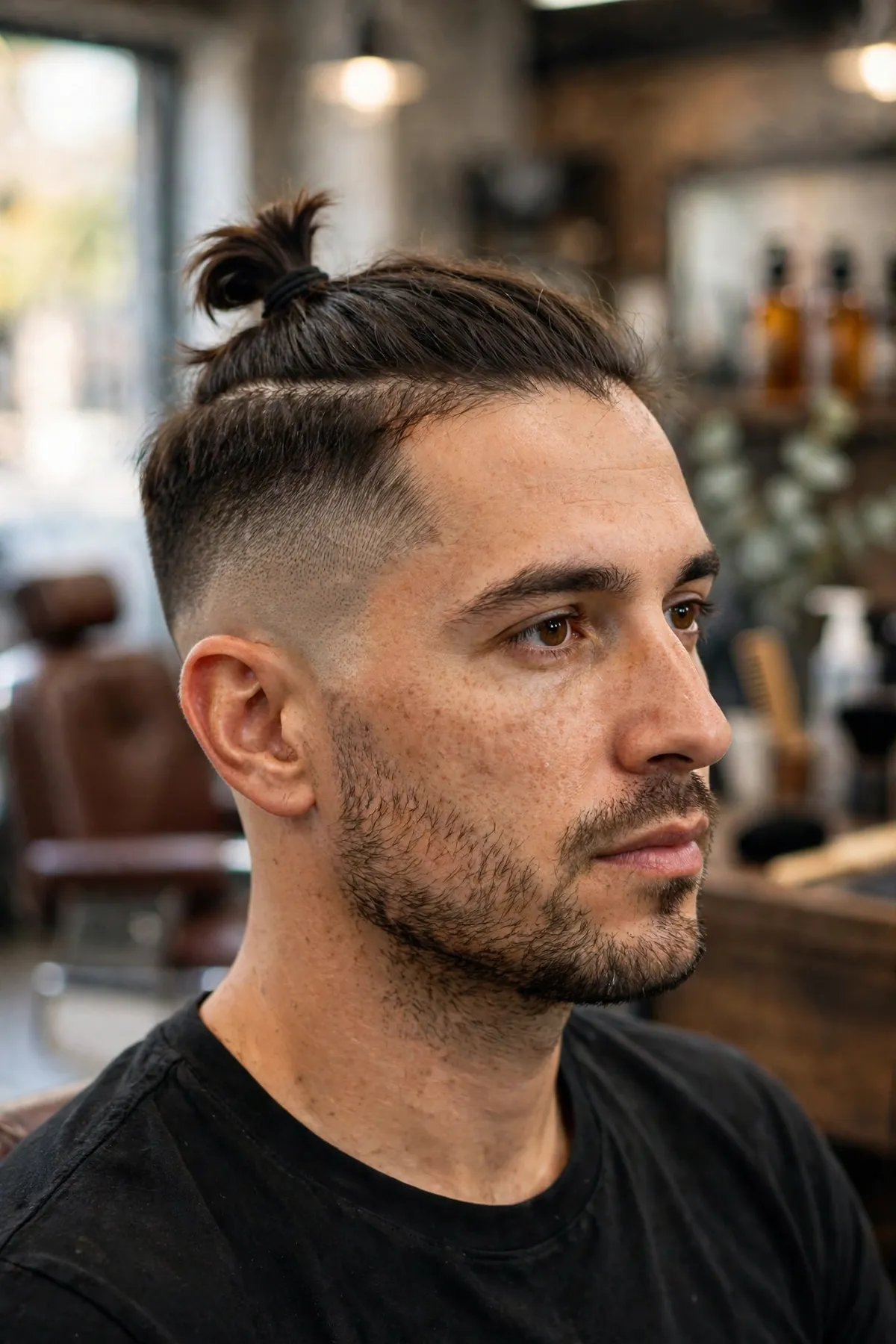 Top knot undercut haircut for men — small knot tied at the crown with undercut sides, compact stylish men's undercut haircut
