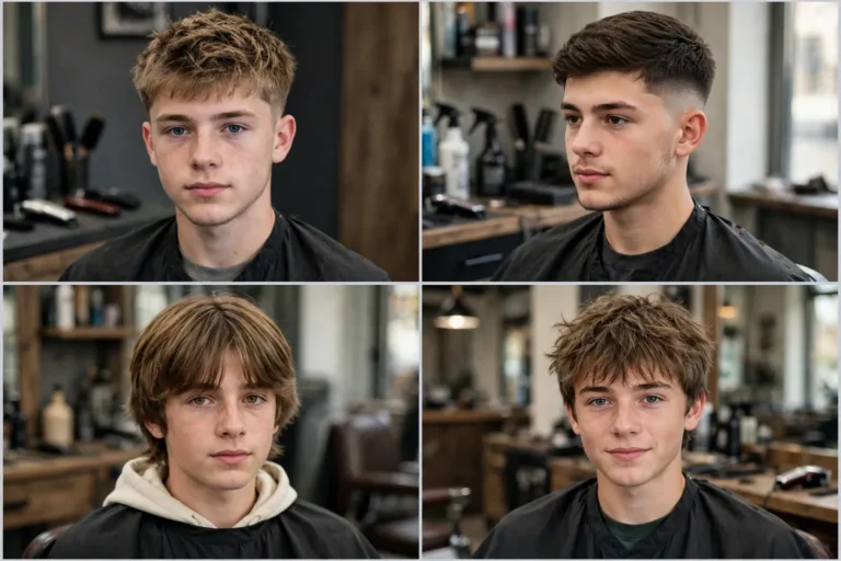 Collage preview of 30 best white boy haircuts — teen boy haircuts including fades, crops, curls, and classic styles from Barber's Groom